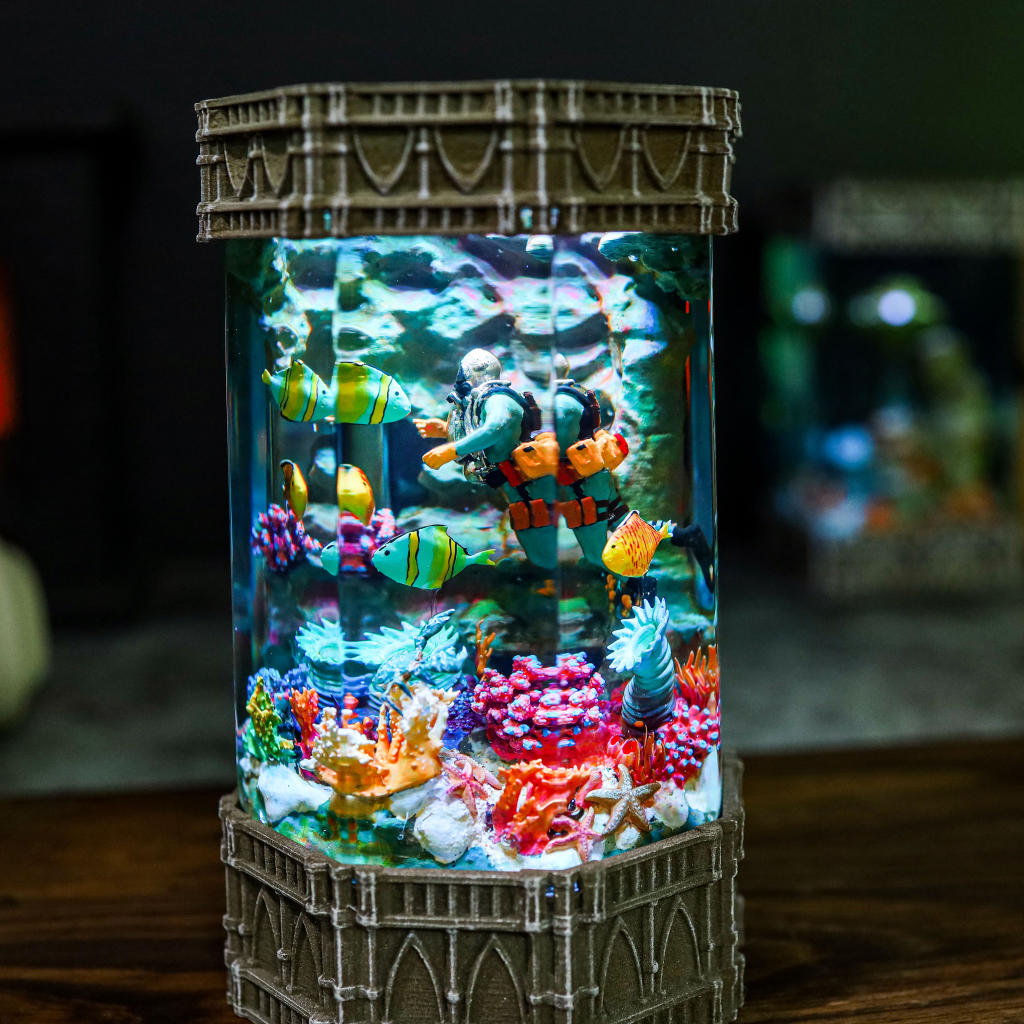 Diver in Coral Reef Night Light