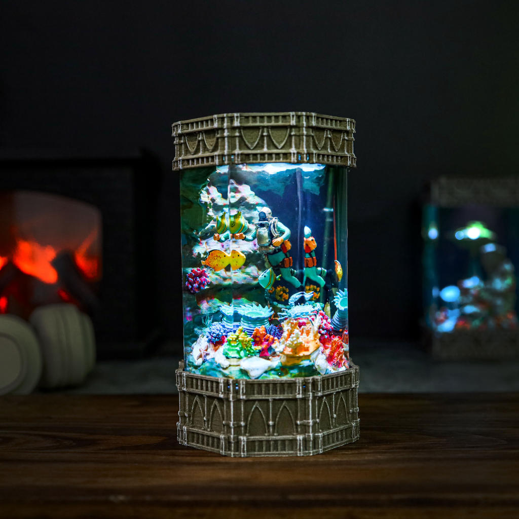 Diver in Coral Reef Night Light