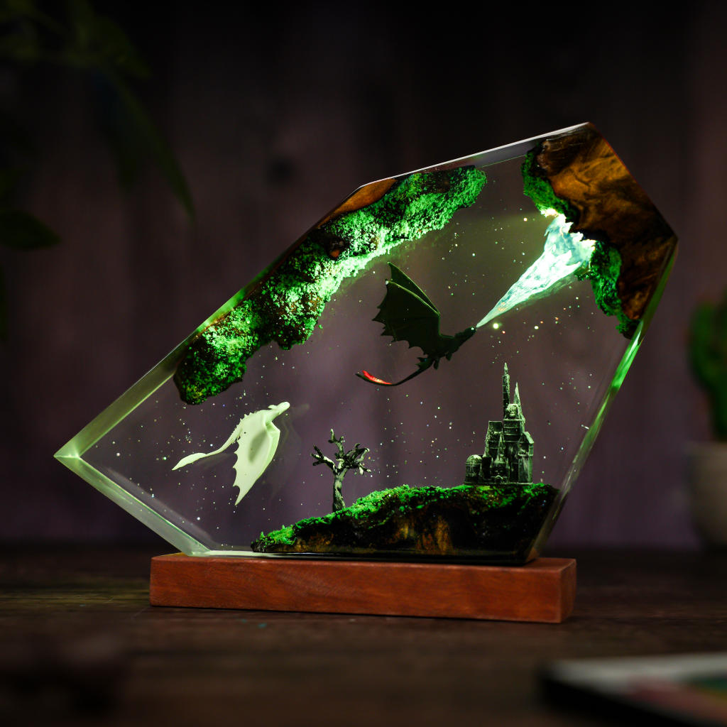 Flying Toothless and Light Fury Resin Lamp