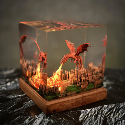 Fantasy Dragon Breathing Fire on City Resin Lamp