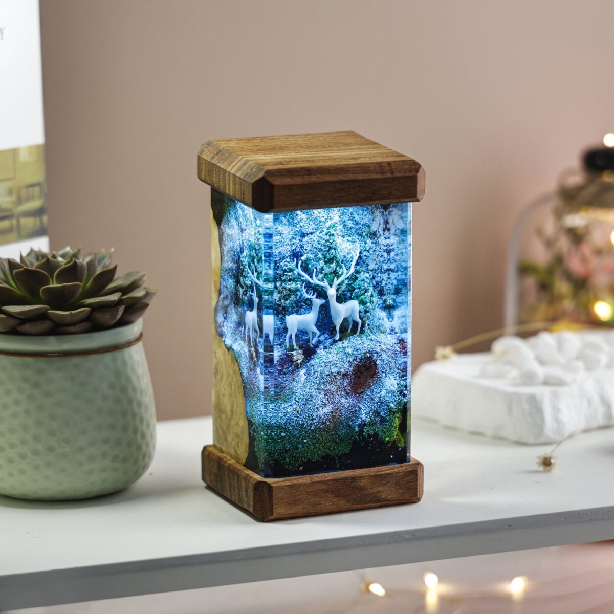 Deer in Snowy Forest Resin Lamp