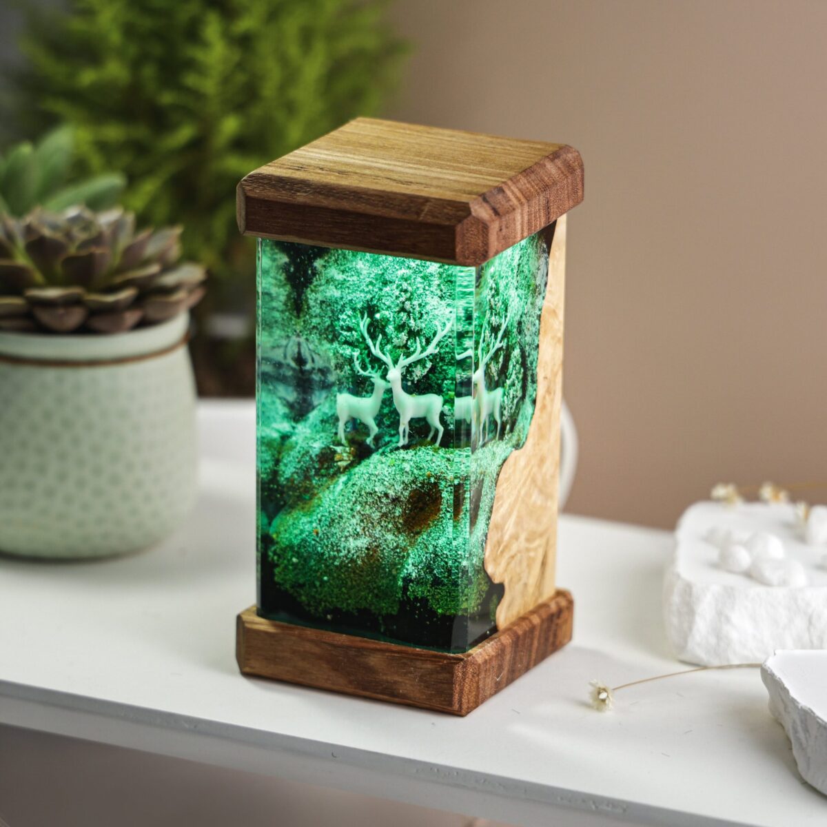 Deer in Snowy Forest Resin Lamp