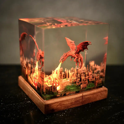 Fantasy Dragon Breathing Fire on City Resin Lamp