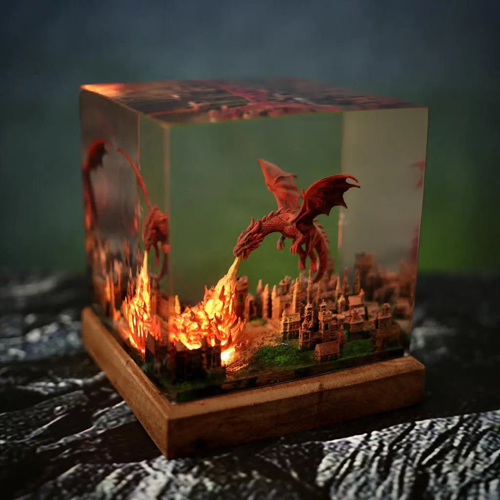 Fantasy Dragon Breathing Fire on City Resin Lamp