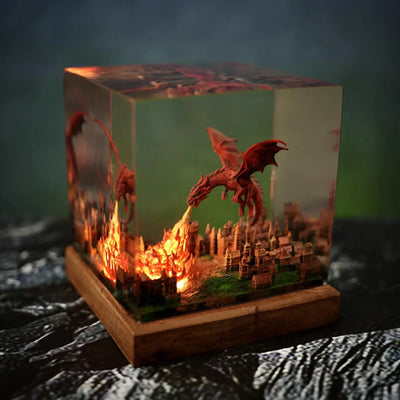 Fantasy Dragon Breathing Fire on City Resin Lamp