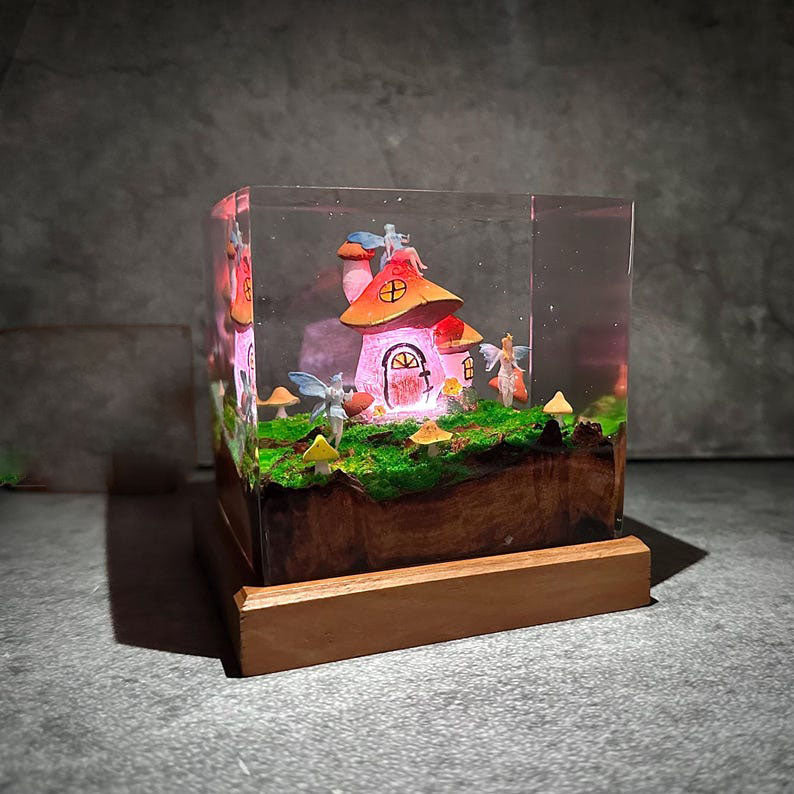 Mushroom House in Fairy Forest Resin Lamp