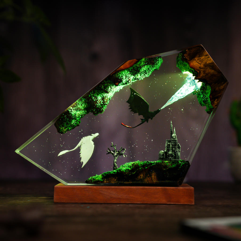 Flying Toothless and Light Fury Resin Lamp