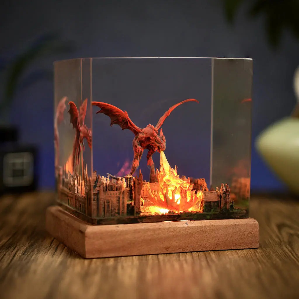Fantasy Dragon Breathing Fire on City Resin Lamp