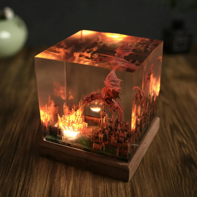 Fantasy Dragon Breathing Fire on City Resin Lamp