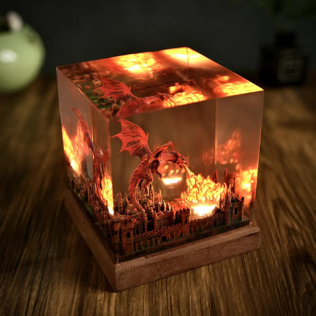 Fantasy Dragon Breathing Fire on City Resin Lamp