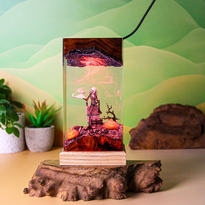 Skeleton With Pumpkin Resin Lamp