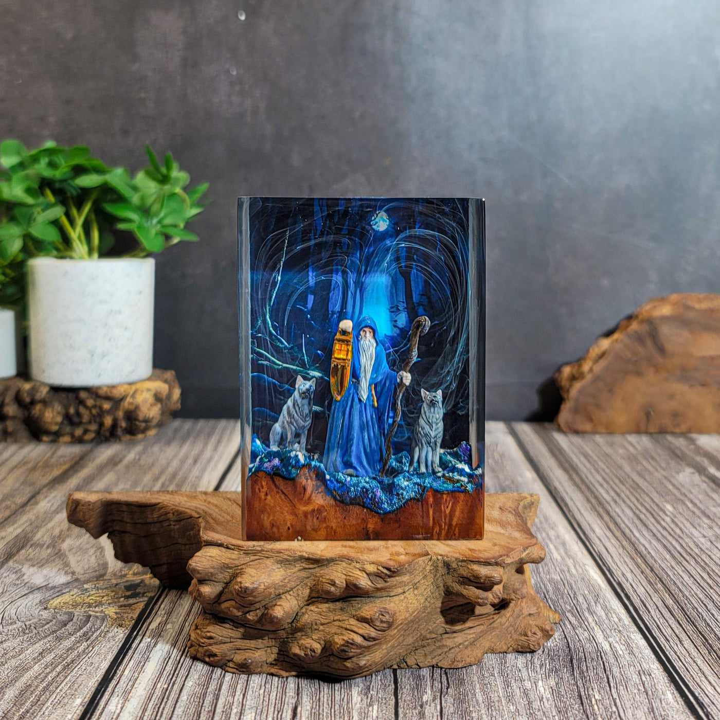 Wizard & Wolves in Enchanted Forest Resin Lamp