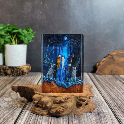 Wizard & Wolves in Enchanted Forest Resin Lamp