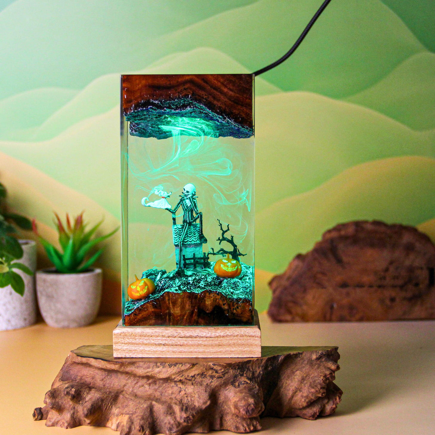 Skeleton With Pumpkin Resin Lamp