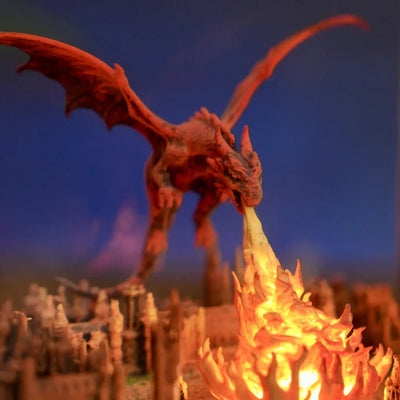 Fantasy Dragon Breathing Fire on City Resin Lamp