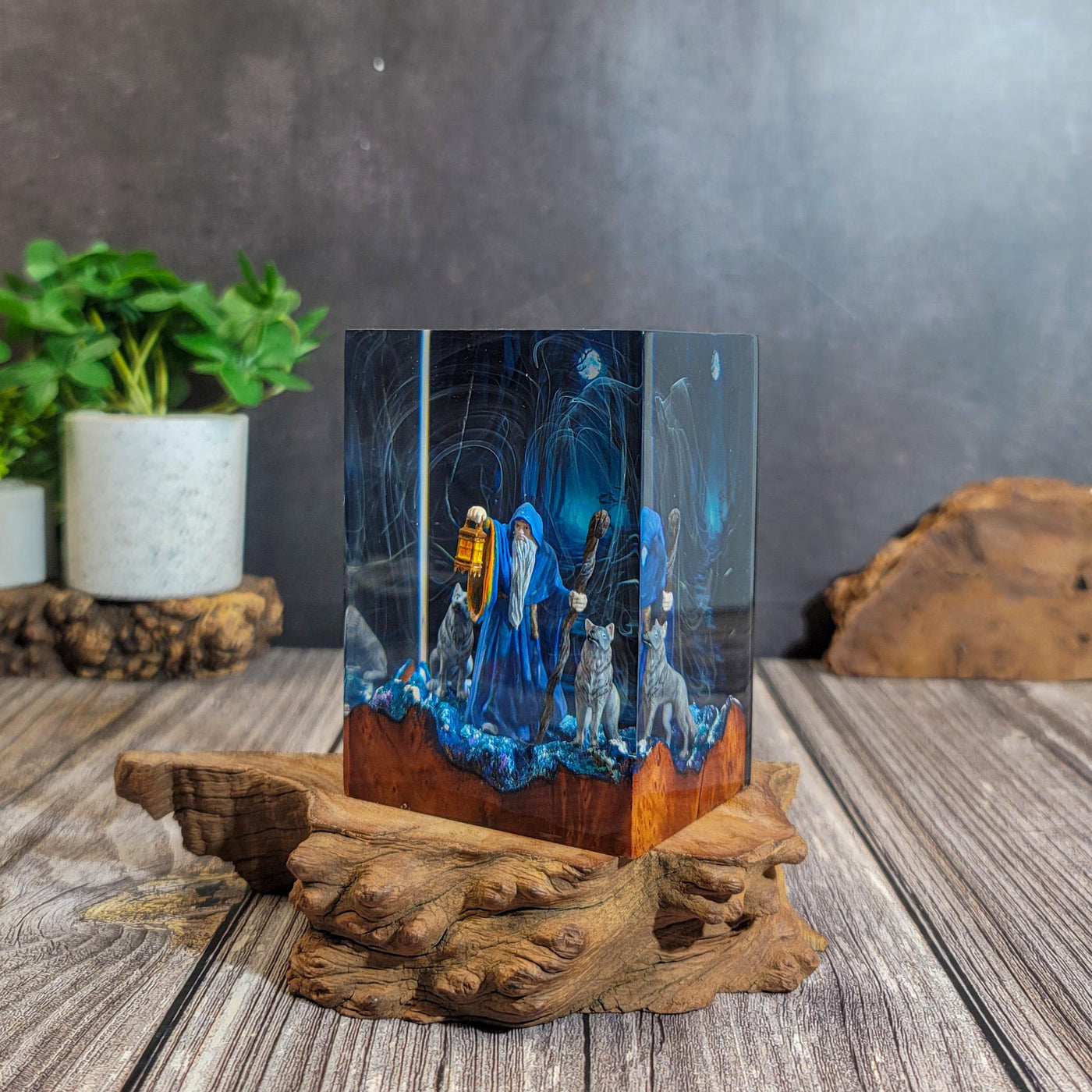 Wizard & Wolves in Enchanted Forest Resin Lamp