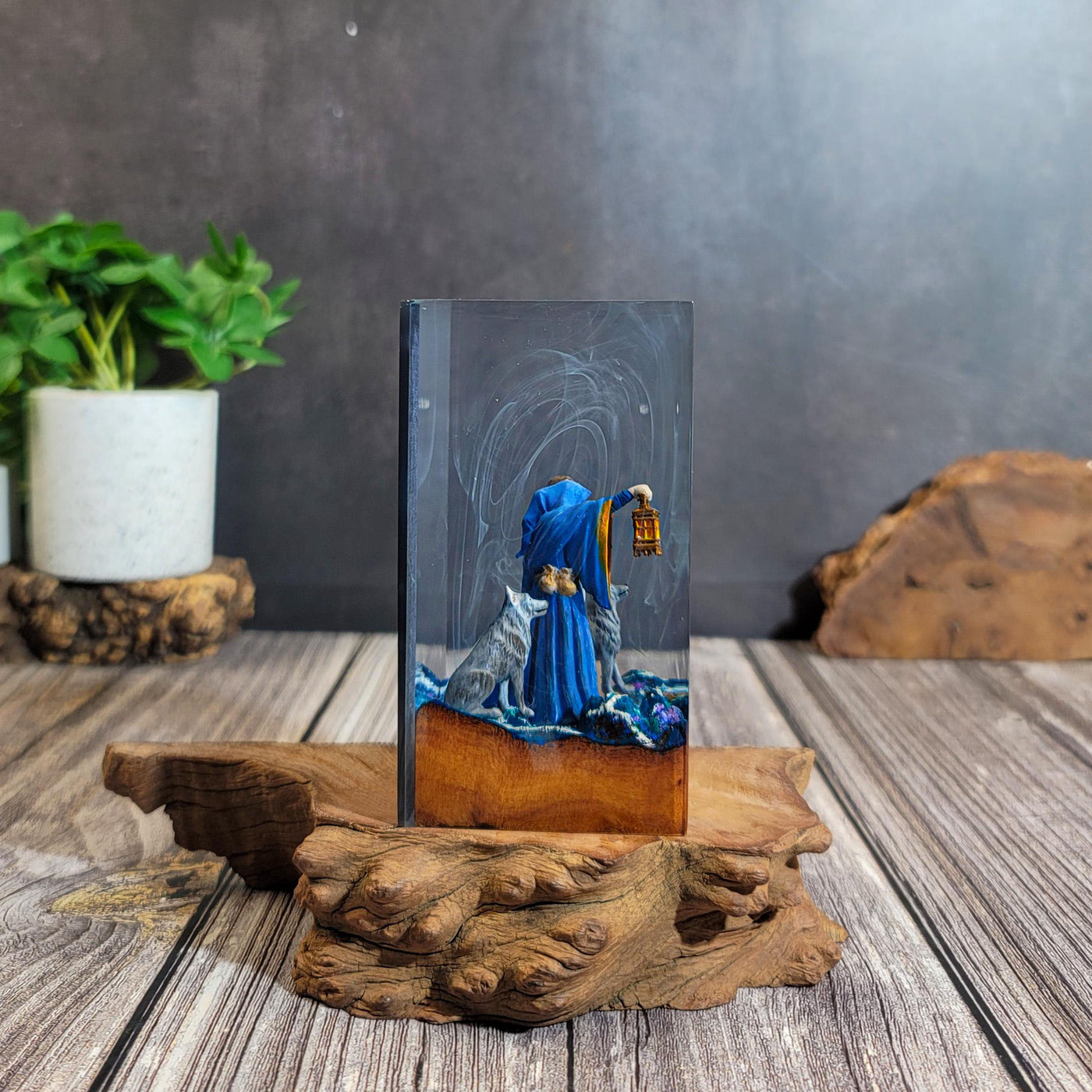 Wizard & Wolves in Enchanted Forest Resin Lamp