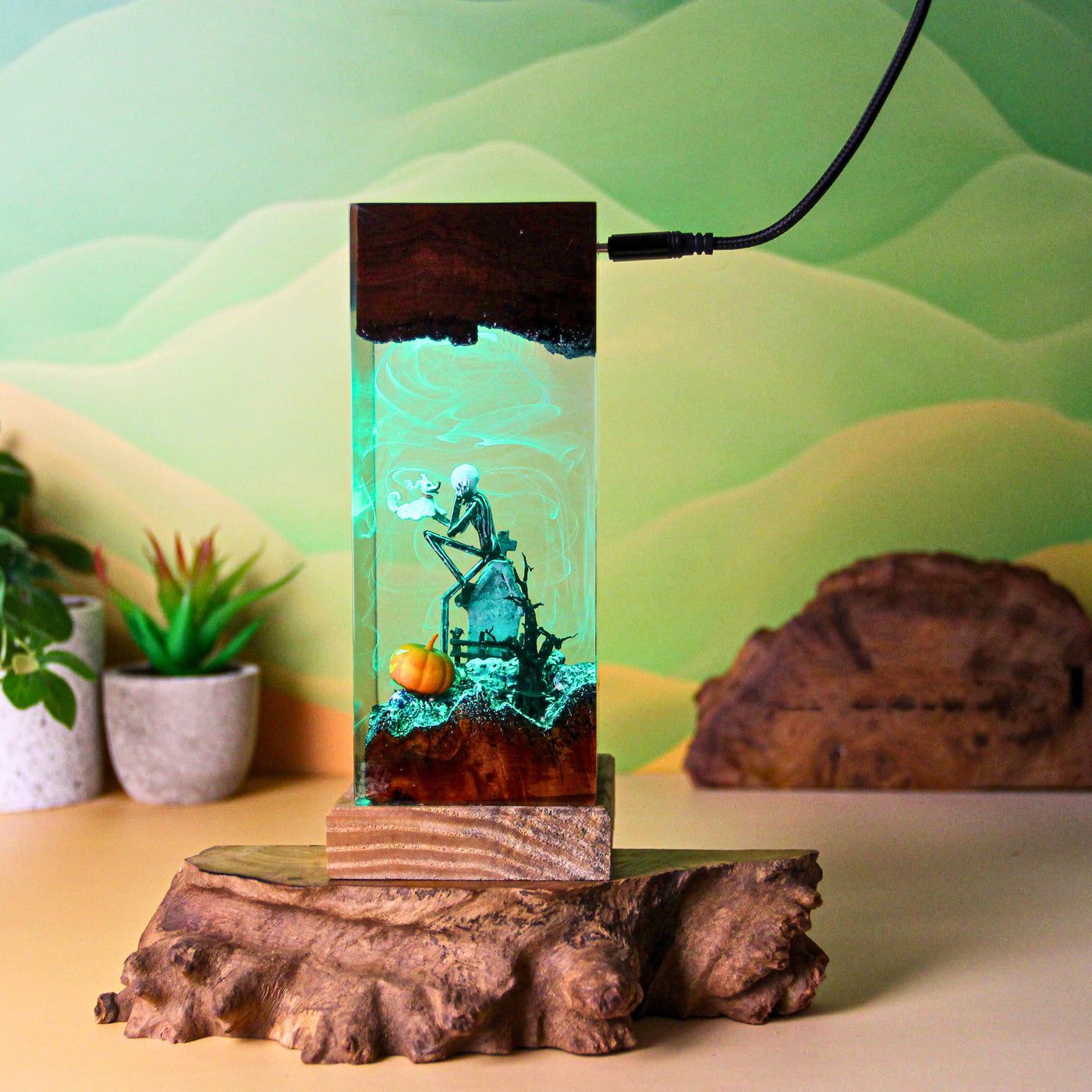 Skeleton With Pumpkin Resin Lamp