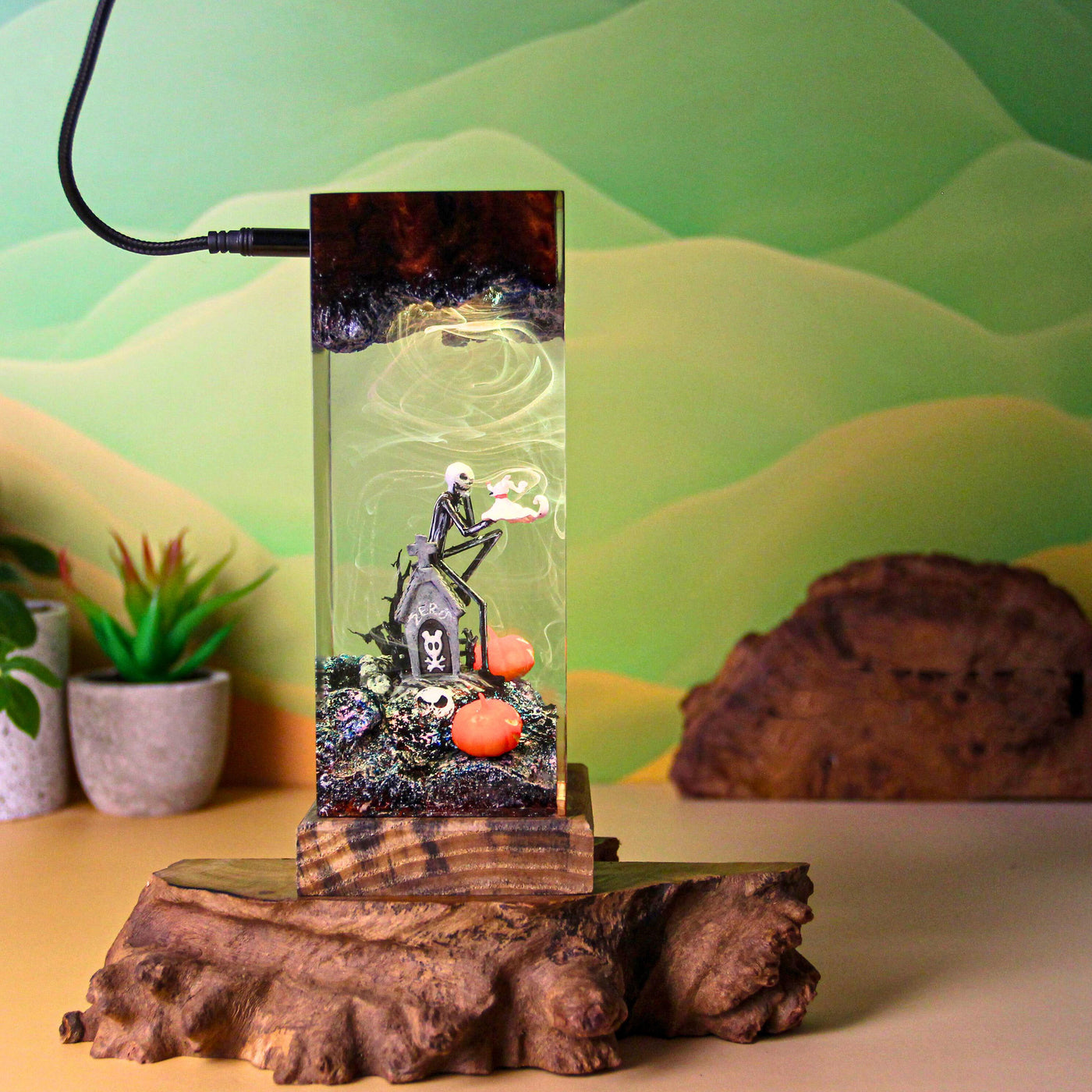 Skeleton With Pumpkin Resin Lamp