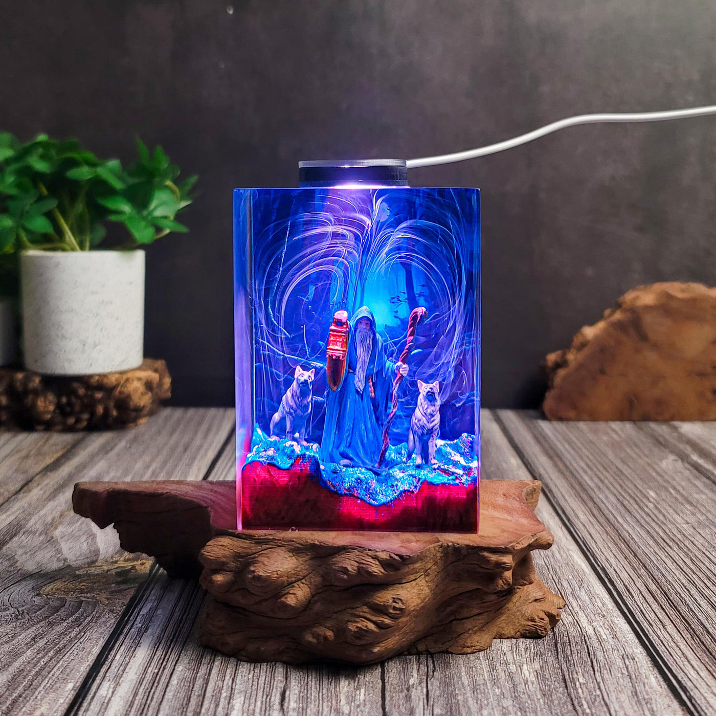 Wizard & Wolves in Enchanted Forest Resin Lamp