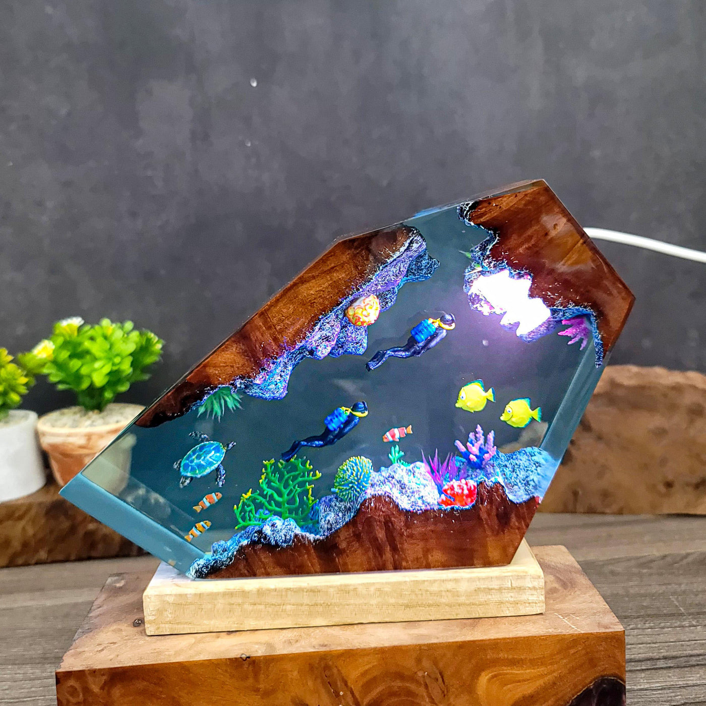 Ocean Resin Lamp with Divers and Coral Reef