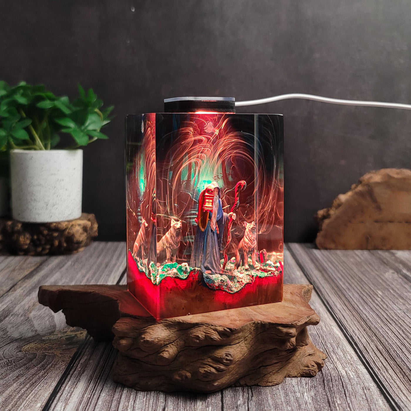 Wizard & Wolves in Enchanted Forest Resin Lamp