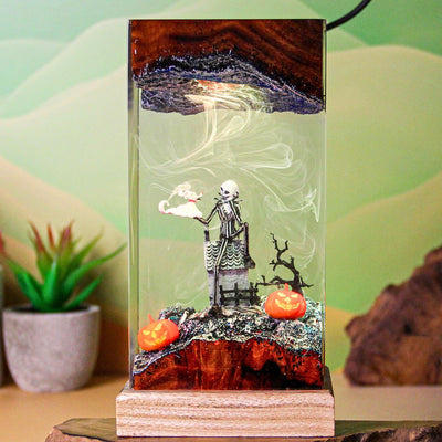 Skeleton With Pumpkin Resin Lamp