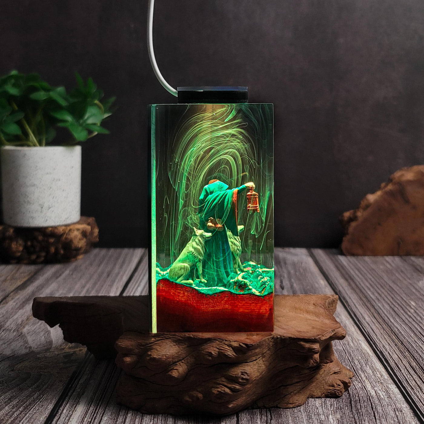 Wizard & Wolves in Enchanted Forest Resin Lamp