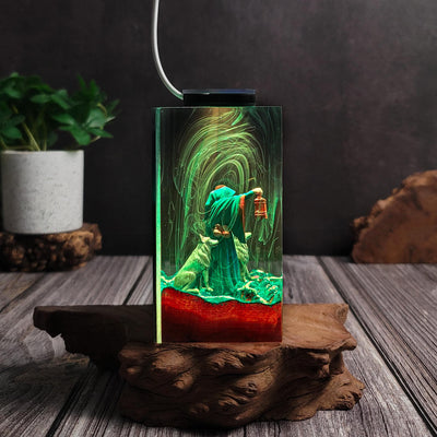 Wizard & Wolves in Enchanted Forest Resin Lamp
