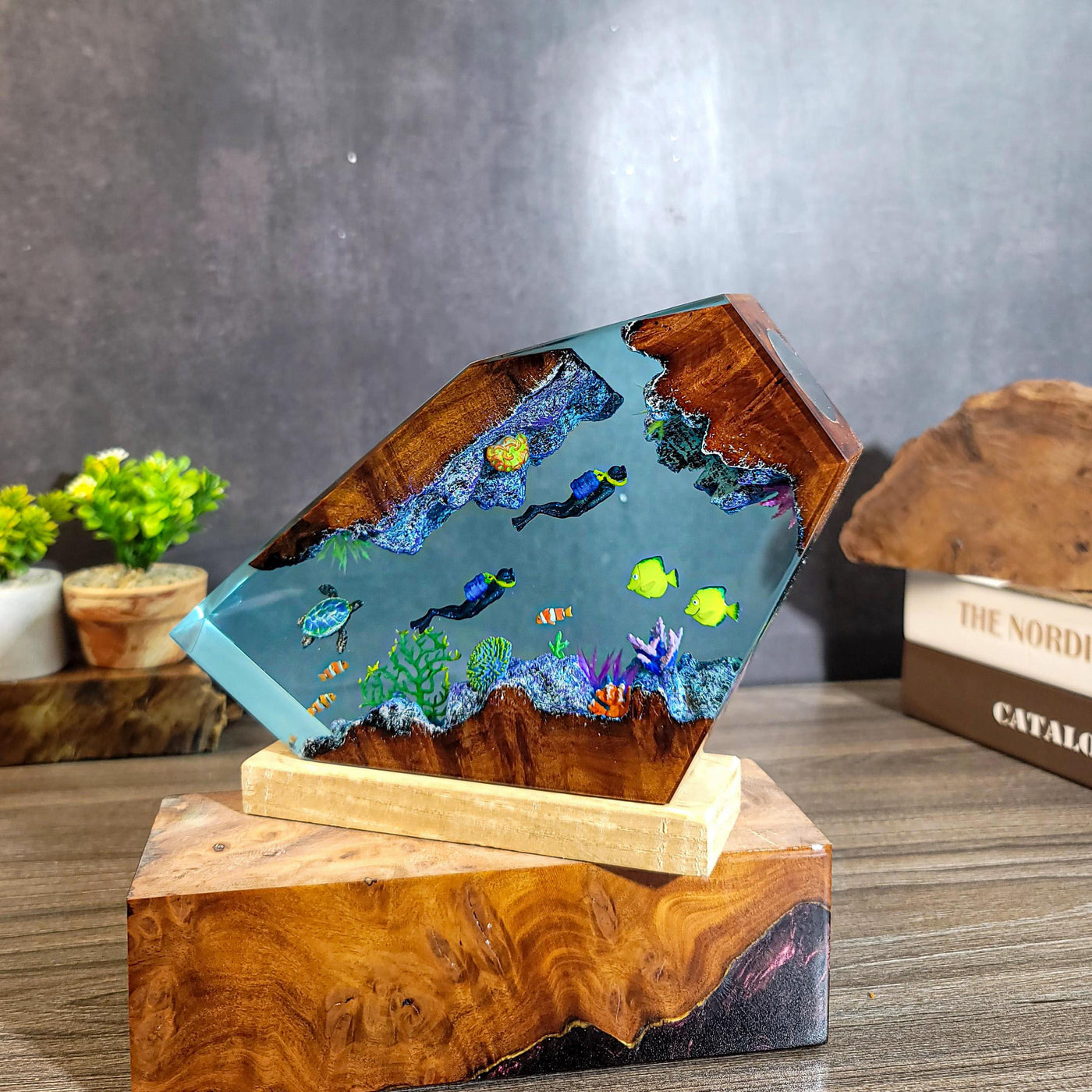 Ocean Resin Lamp with Divers and Coral Reef