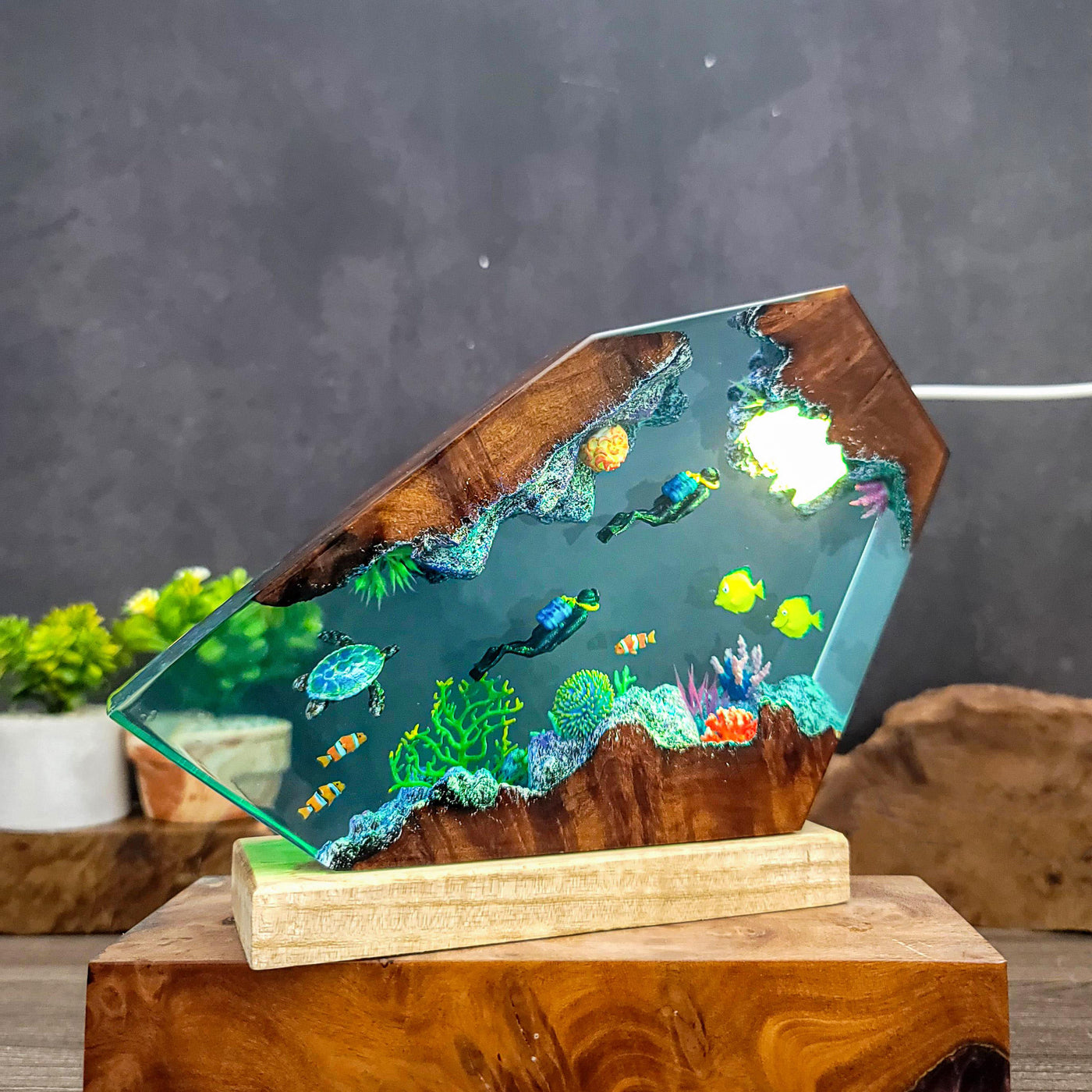 Ocean Resin Lamp with Divers and Coral Reef