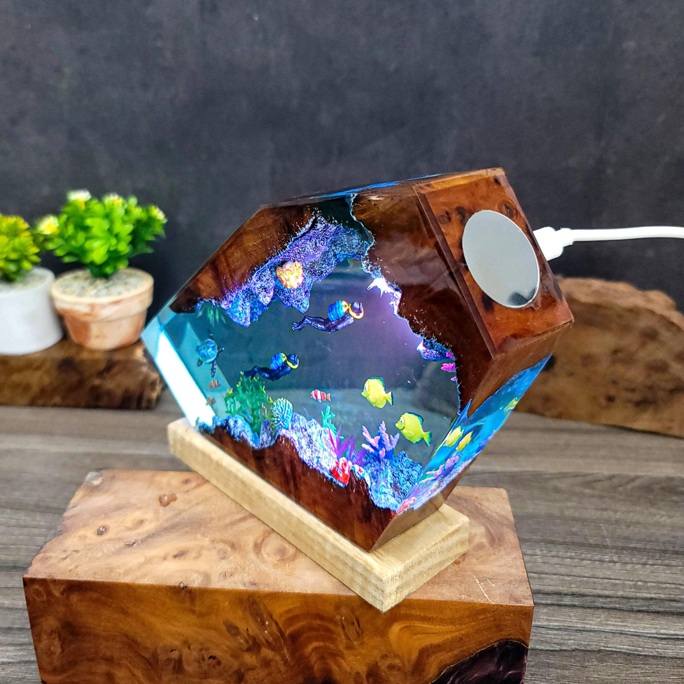 Ocean Resin Lamp with Divers and Coral Reef