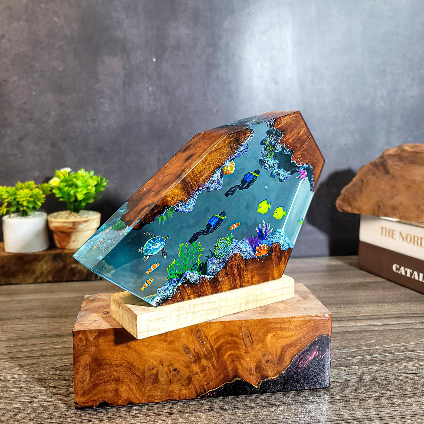 Ocean Resin Lamp with Divers and Coral Reef