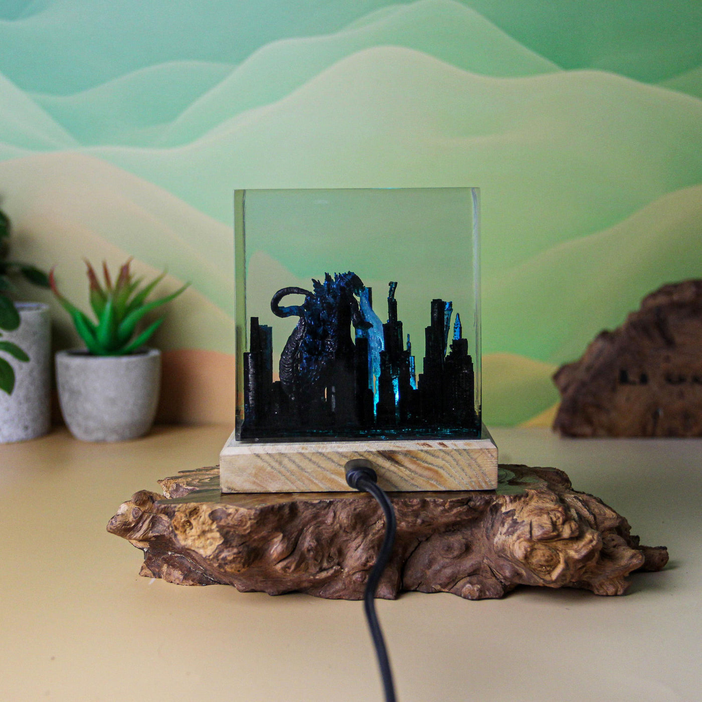 Giant Godzilla Attacking City Resin Lamp