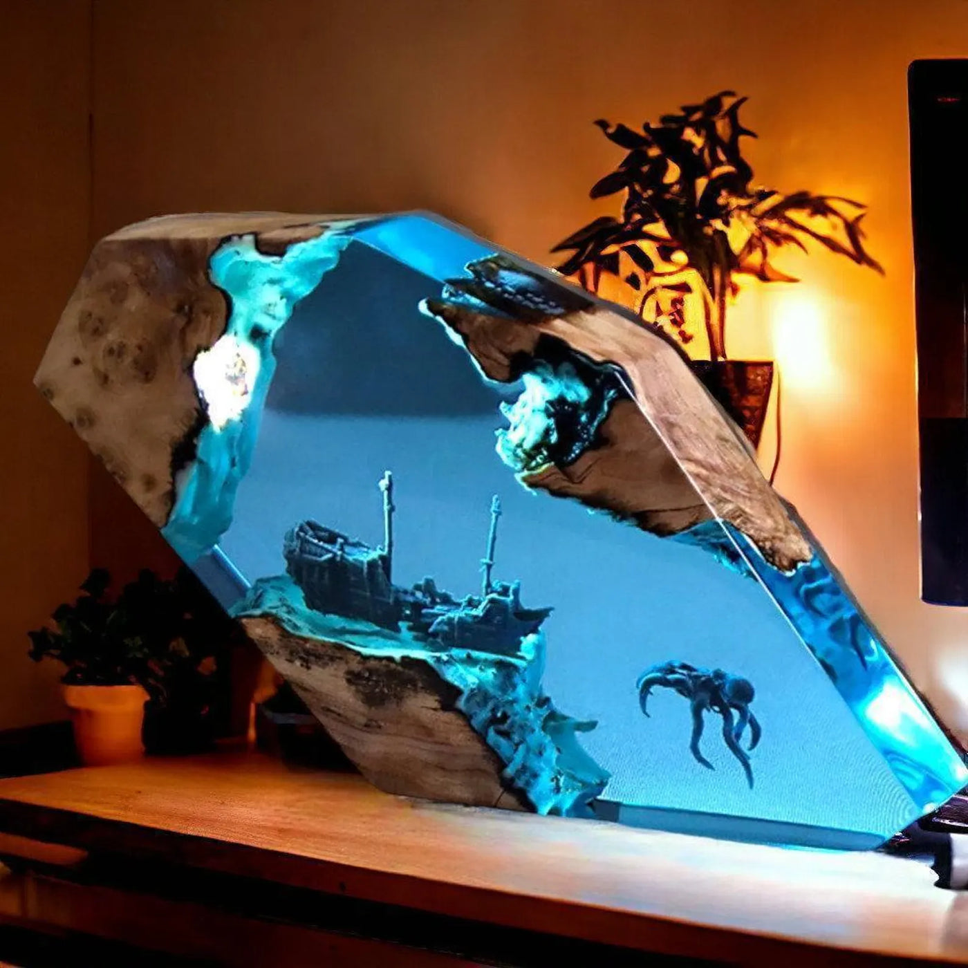 Killer Octopus with Sunken Shipwreck Resin Lamp